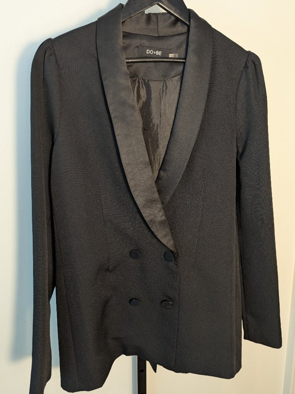 DO+BE Black Double Breasted Tuxedo Blazer Puff Sleeve Satin Lapel | Size M